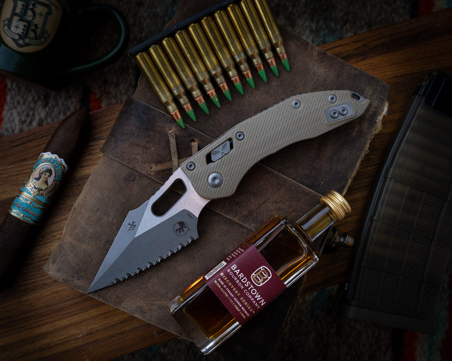 Stitch Ram-Lok Apocalyptic Fluted G-10 Tan Full Serrate 3.75" Blade