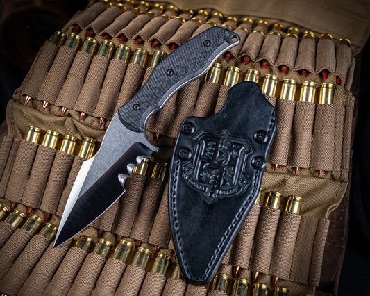SB1 "Toothy" Fixed Blade Knife 4" Stonewash Blade w/ Carbon Fiber Handle and Black Leather Sheath