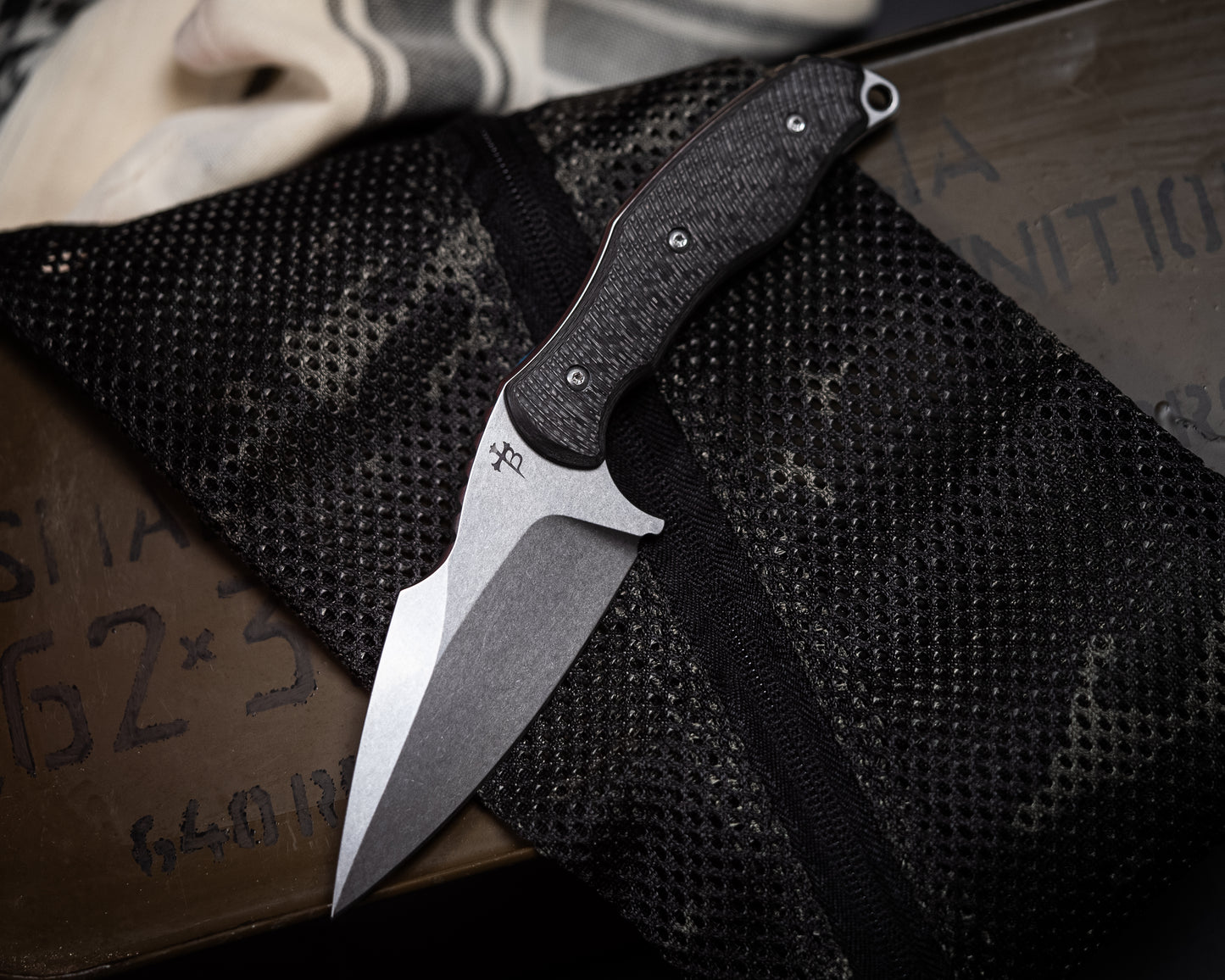 SB1 Fixed Blade Knife 4" Stonewash Blade w/ Carbon Fiber Handle