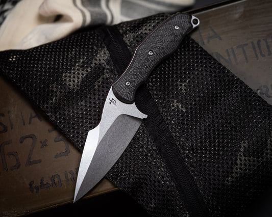 SB1 Fixed Blade Knife 4" Stonewash Blade w/ Carbon Fiber Handle