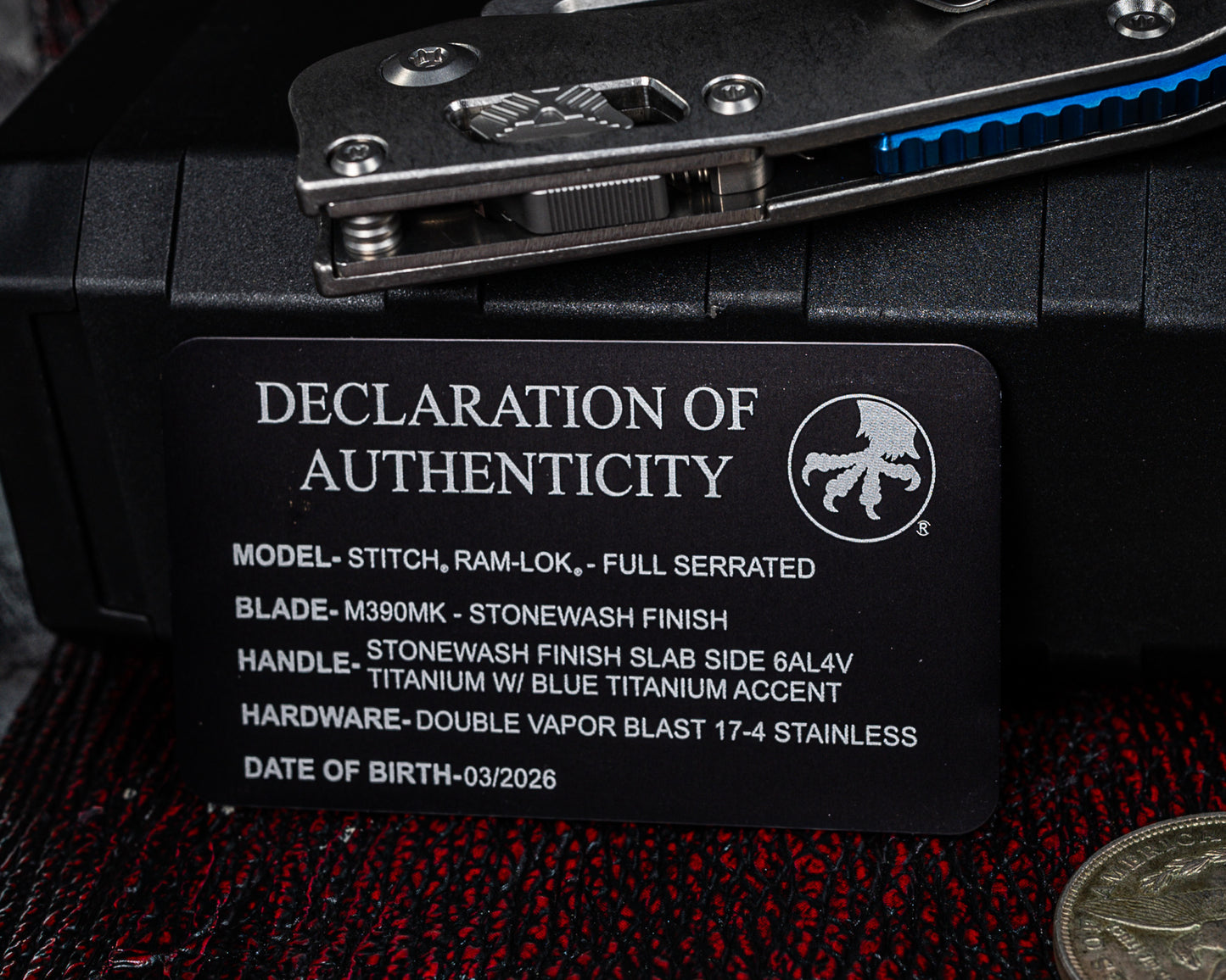 Microtech Marfione Select Stitch Ram-Lok w/ Blue Accent Full Serrated Stonewash Finish Slab Side Titanium