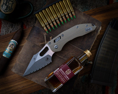 Stitch Ram-Lok Apocalyptic Fluted G-10 Tan Full Serrate 3.75" Blade
