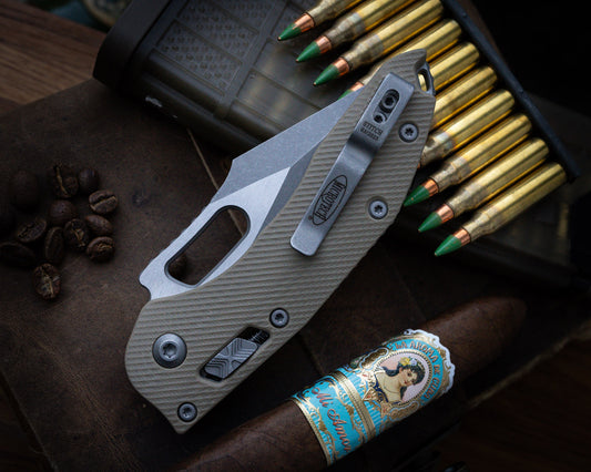 Stitch Ram-Lok Apocalyptic Fluted G-10 Tan Full Serrate 3.75" Blade