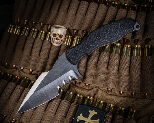 SB1 "Toothy" Fixed Blade Knife 4" Stonewash Blade w/ Carbon Fiber Handle