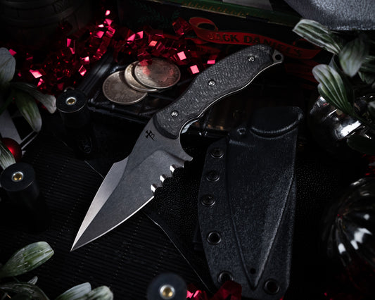 SB1 Fixed Blade Knife 4" Stonewash Blade w/ Carbon Fiber Handle (Serrations Added)