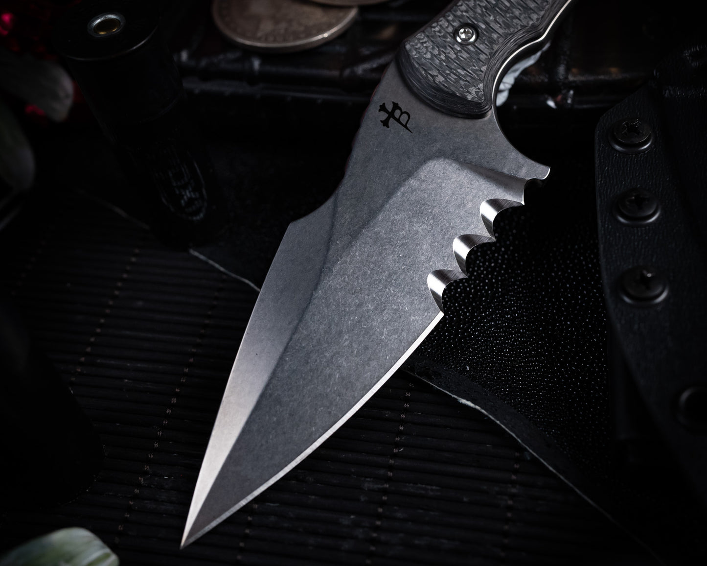 SB1 Fixed Blade Knife 4" Stonewash Blade w/ Carbon Fiber Handle (Serrations Added)