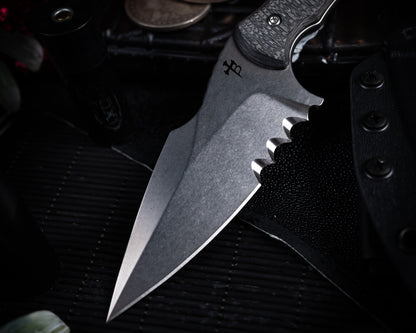 SB1 Fixed Blade Knife 4" Stonewash Blade w/ Carbon Fiber Handle (Serrations Added)