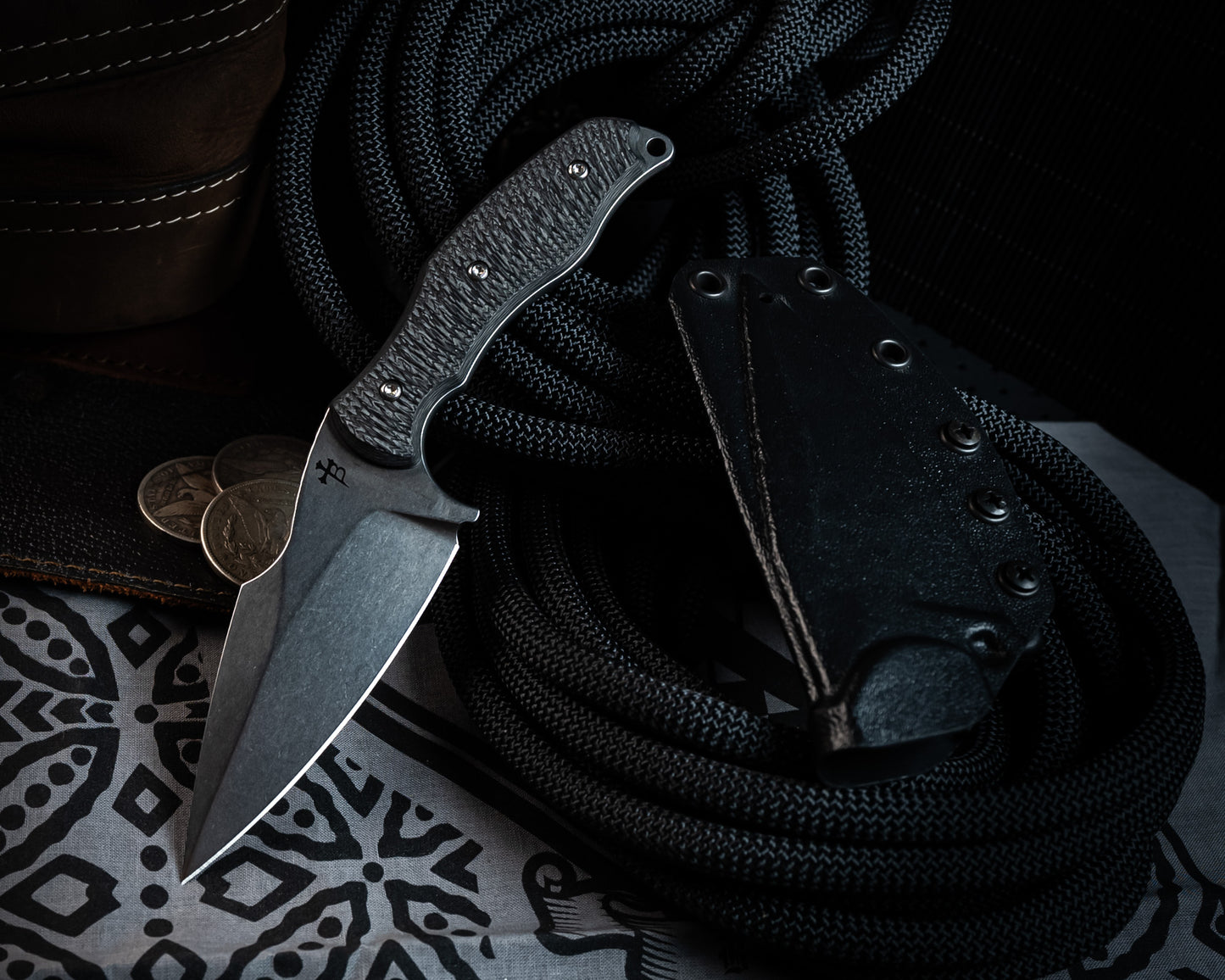 SB1 Fixed Blade Knife 4" Stonewash Blade w/ Carbon Fiber Handle