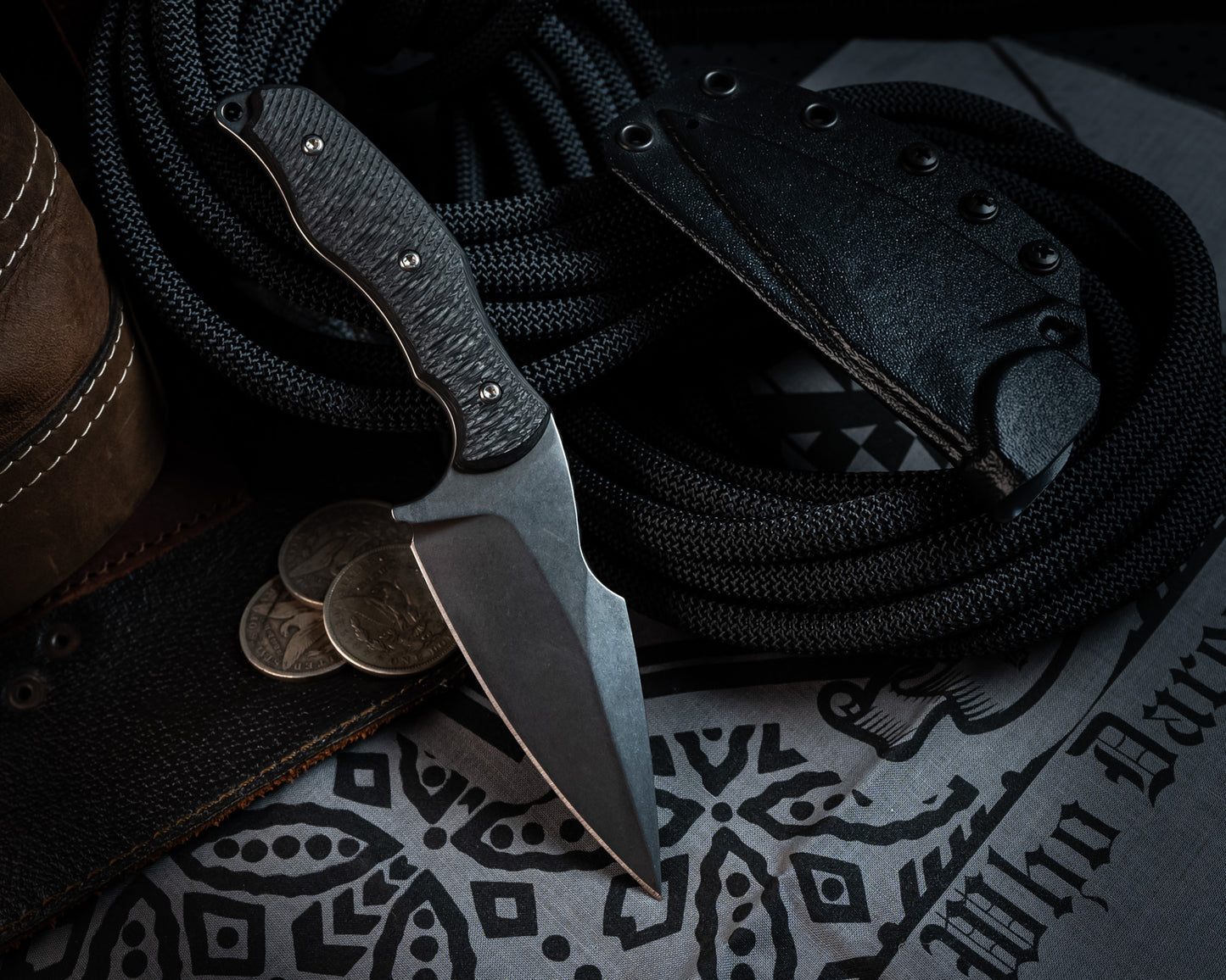 SB1 Fixed Blade Knife 4" Stonewash Blade w/ Carbon Fiber Handle