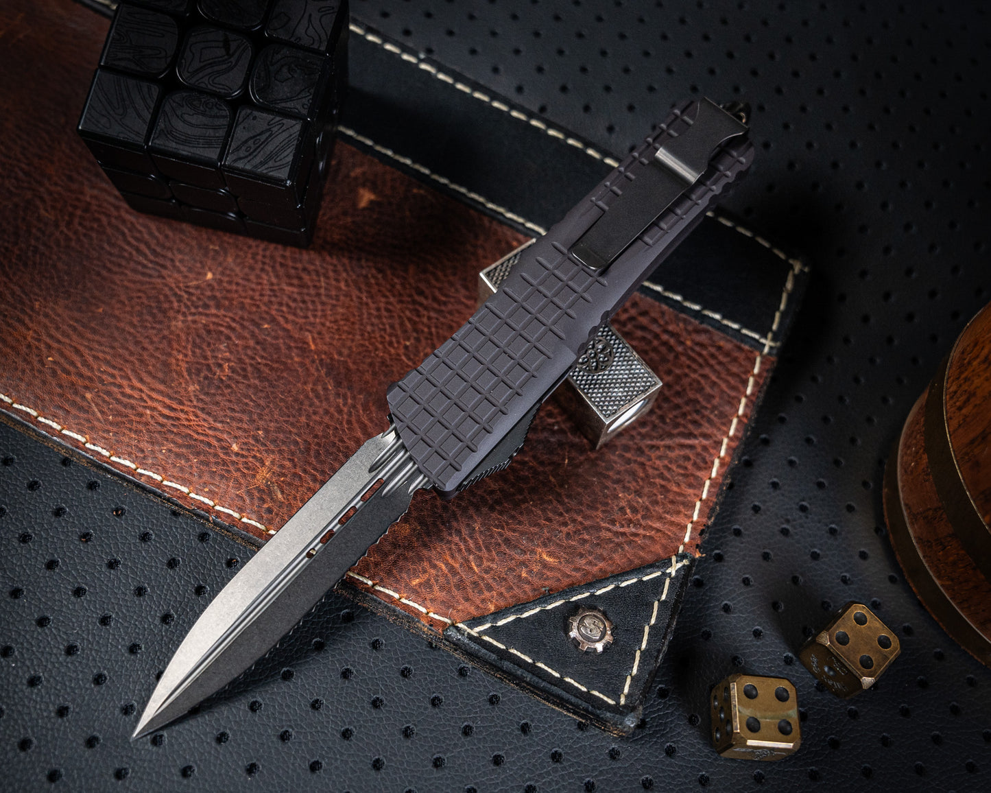 Microtech Combat Troodon D/E Delta Frag 142-3CT-DSK Fluted DLC Full Serrated DLC Hardware Nickel Boron Internals Signature Series - RK