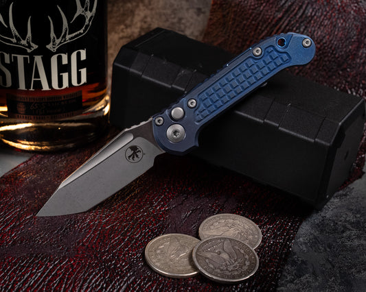 Marfione Select LUDT Tanto Edge Apocalyptic Finish Antique Blue Anodized Frag Pattern Titanium
