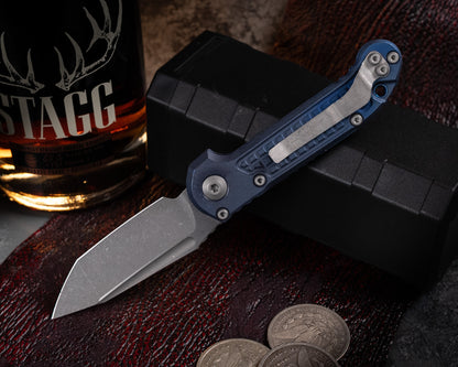 Marfione Select LUDT Tanto Edge Apocalyptic Finish Antique Blue Anodized Frag Pattern Titanium