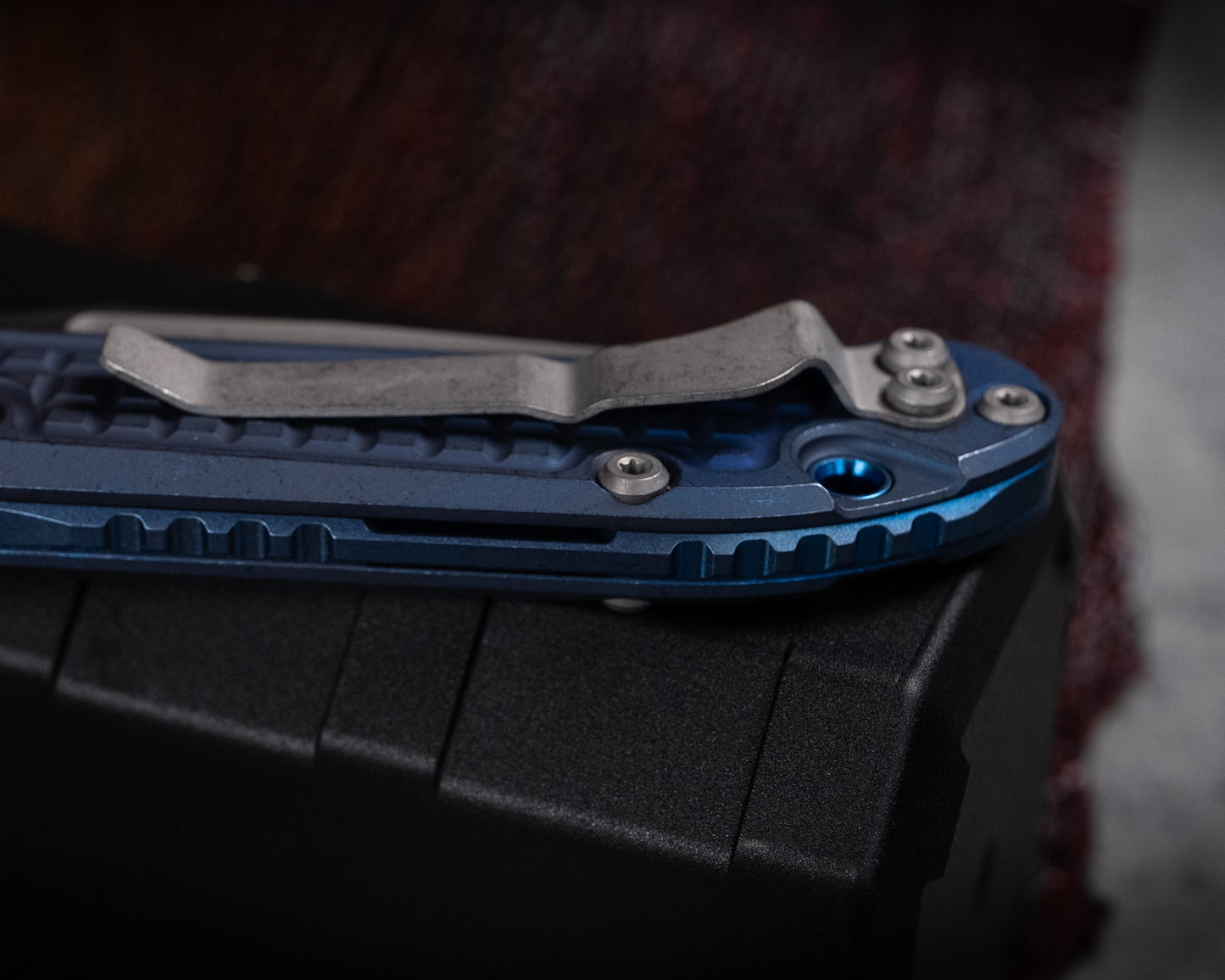 Marfione Select LUDT Tanto Edge Apocalyptic Finish Antique Blue Anodized Frag Pattern Titanium