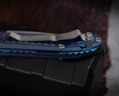 Marfione Select LUDT Tanto Edge Apocalyptic Finish Antique Blue Anodized Frag Pattern Titanium