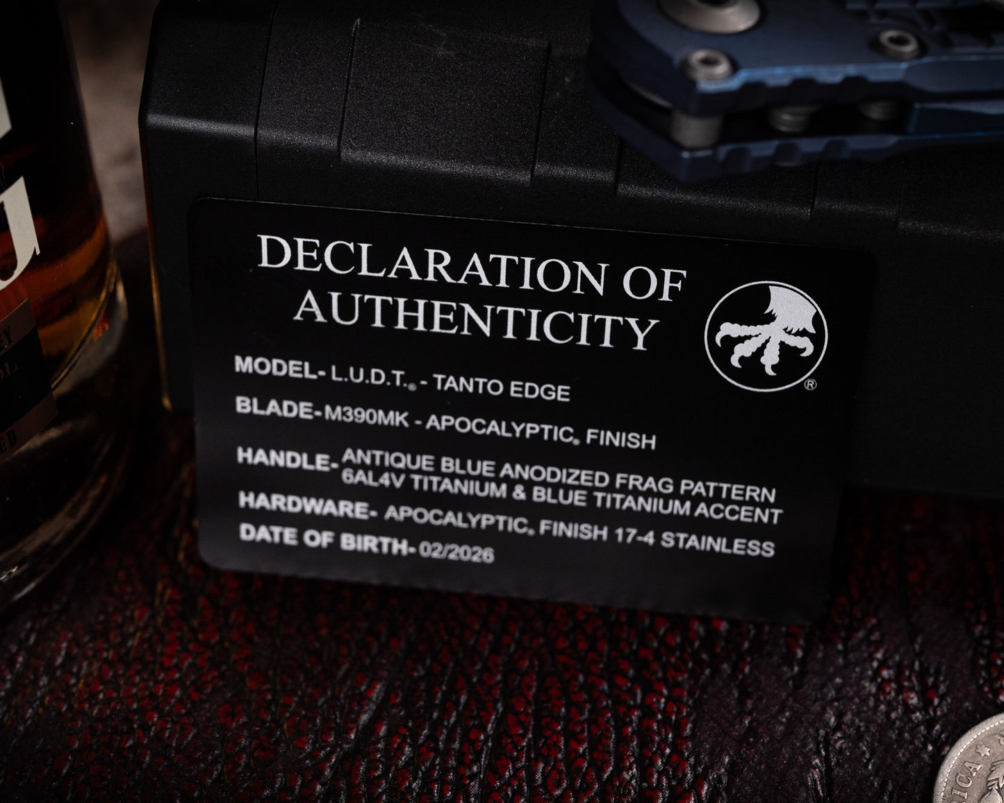 Marfione Select LUDT Tanto Edge Apocalyptic Finish Antique Blue Anodized Frag Pattern Titanium