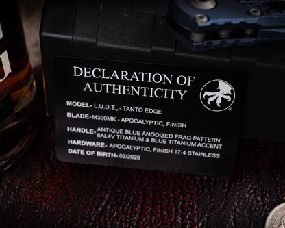 Marfione Select LUDT Tanto Edge Apocalyptic Finish Antique Blue Anodized Frag Pattern Titanium