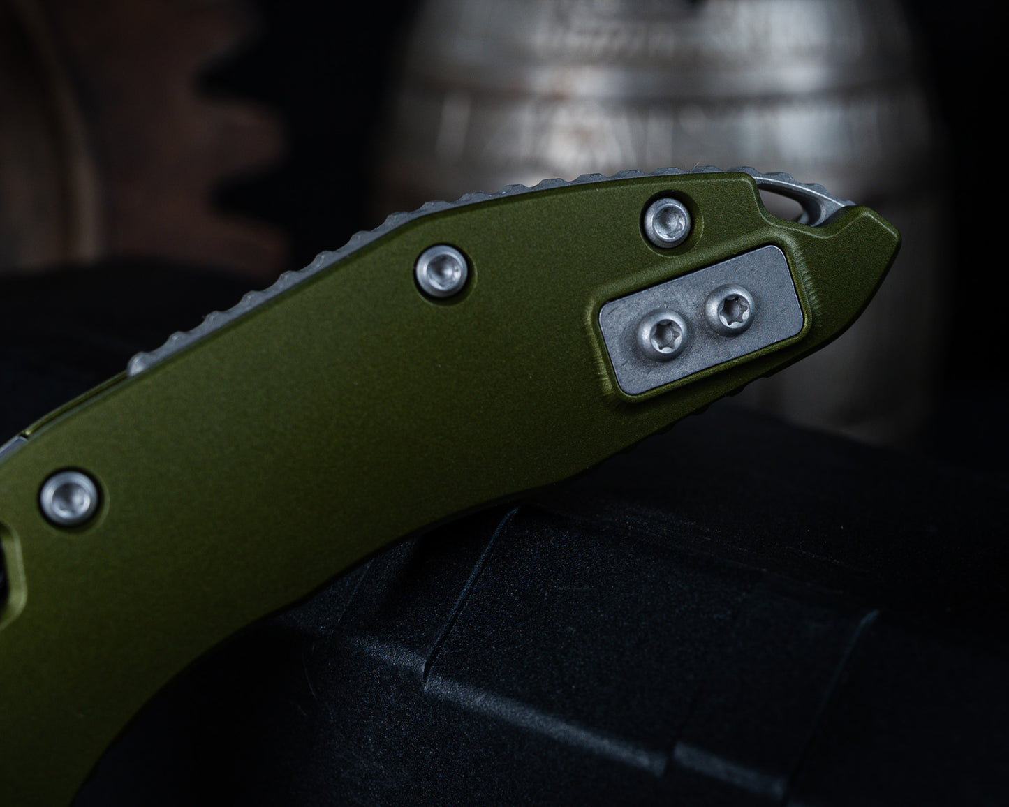 Microtech M-Stitch Ram-Lok Apocalyptic 3.05" Standard Blade w/ Aluminum OD Green Handles