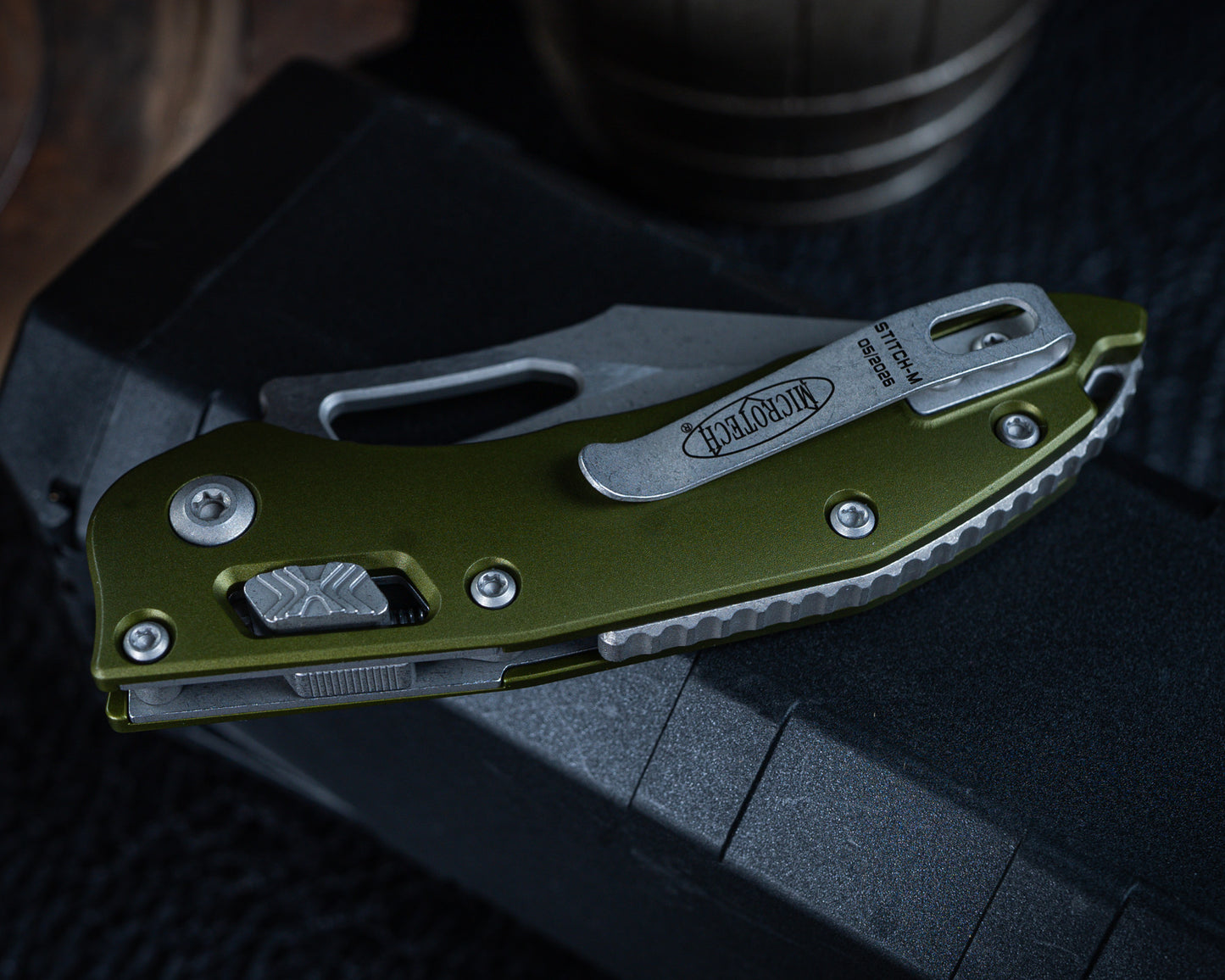 Microtech M-Stitch Ram-Lok Apocalyptic 3.05" Standard Blade w/ Aluminum OD Green Handles