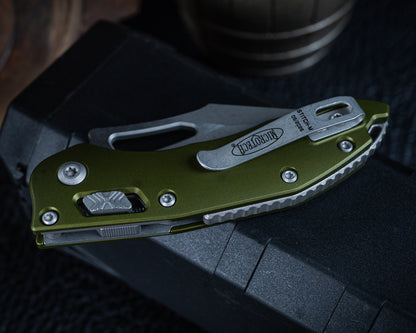 Microtech M-Stitch Ram-Lok Apocalyptic 3.05" Standard Blade w/ Aluminum OD Green Handles