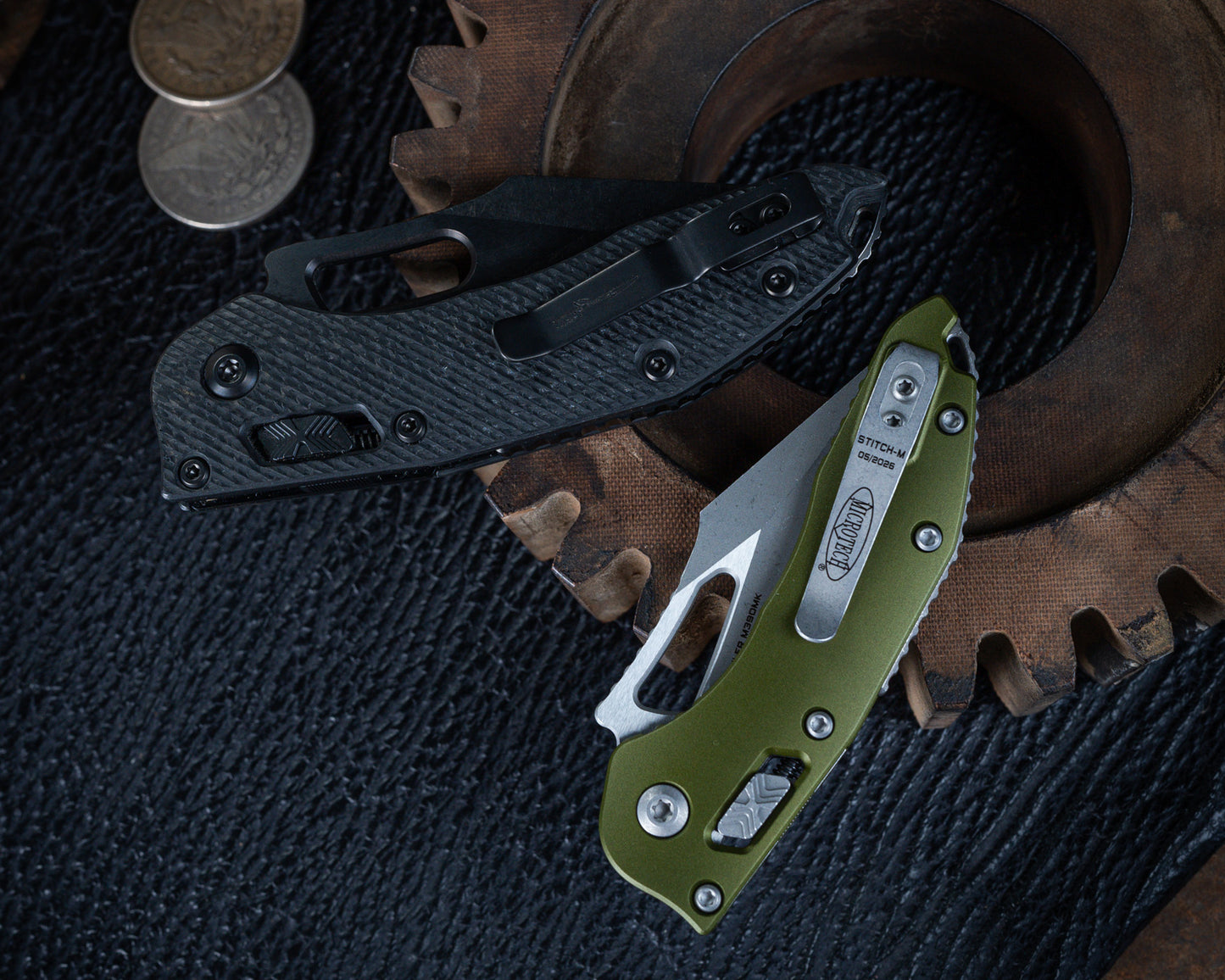 Microtech M-Stitch Ram-Lok Apocalyptic 3.05" Standard Blade w/ Aluminum OD Green Handles