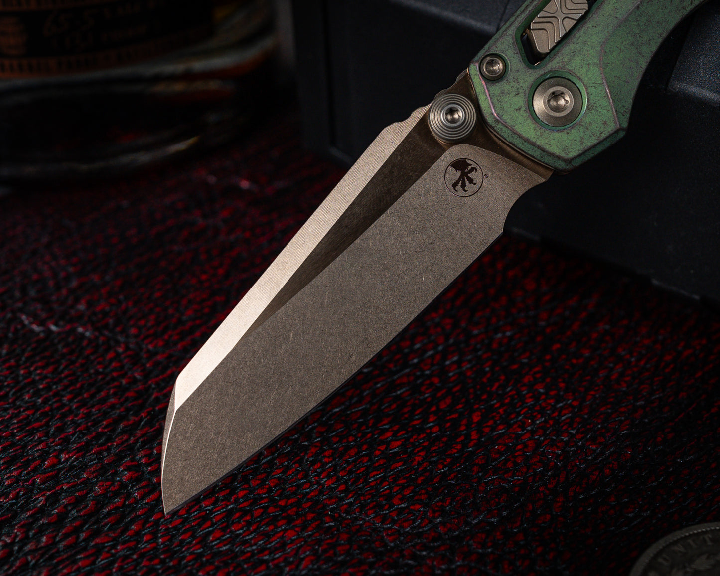 Microtech Marfione Select MSI Mini Ram-Lok Slab Side Antique Green Standard w/ Bronzed Titanium