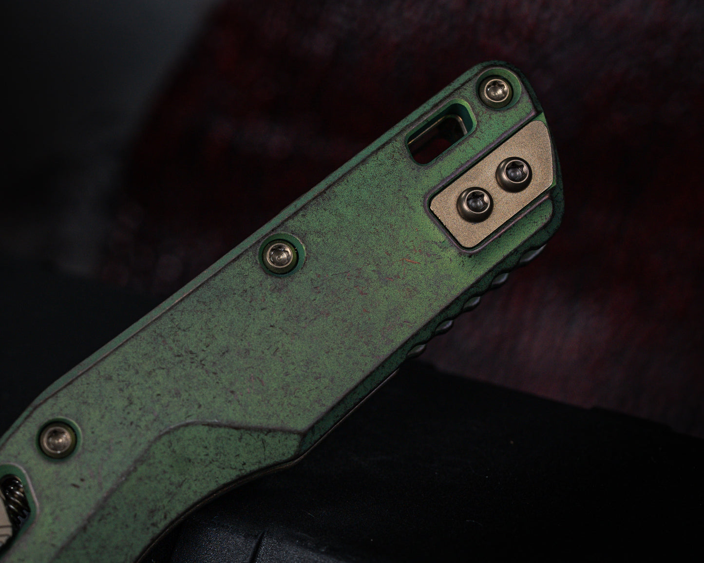 Microtech Marfione Select MSI Mini Ram-Lok Slab Side Antique Green Standard w/ Bronzed Titanium