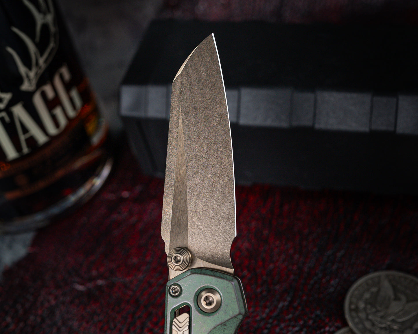 Microtech Marfione Select MSI Mini Ram-Lok Slab Side Antique Green Standard w/ Bronzed Titanium