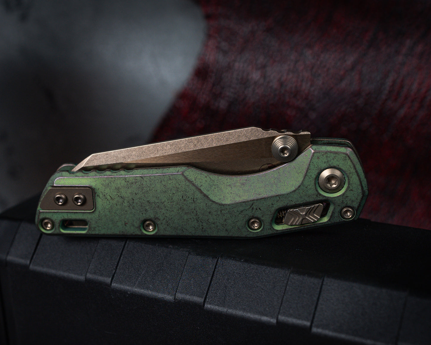 Microtech Marfione Select MSI Mini Ram-Lok Slab Side Antique Green Standard w/ Bronzed Titanium