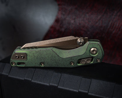 Microtech Marfione Select MSI Mini Ram-Lok Slab Side Antique Green Standard w/ Bronzed Titanium