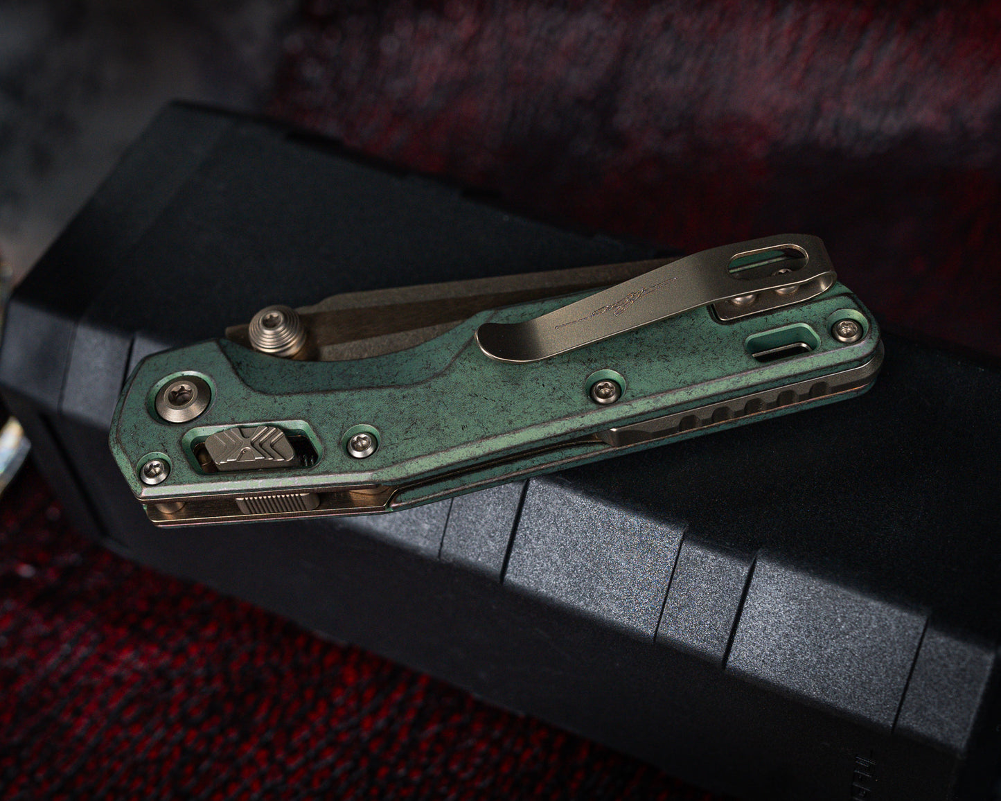 Microtech Marfione Select MSI Mini Ram-Lok Slab Side Antique Green Standard w/ Bronzed Titanium