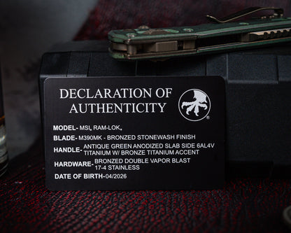 Microtech Marfione Select MSI Mini Ram-Lok Slab Side Antique Green Standard w/ Bronzed Titanium