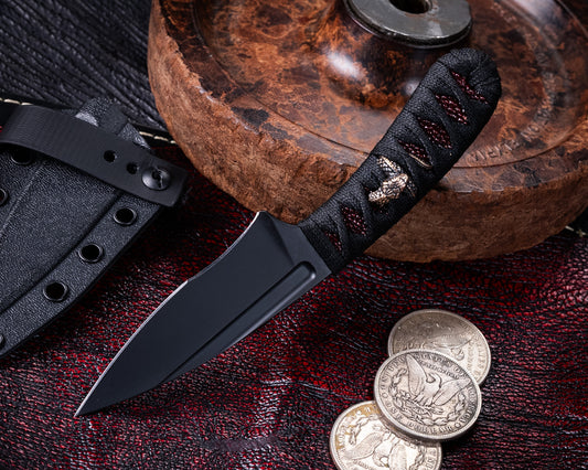 Bastinelli SIN Black PVD Fixed Blade w/ Custom Tsuka Wrap featuring Bronze Menuki Snake