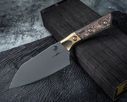 Microtech 6" Santoku Knife DLC Standard Titanium Bolster Live Wire Carbon Fiber Signature Series