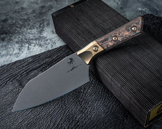 Microtech 6" Santoku Knife DLC Standard Titanium Bolster Live Wire Carbon Fiber Signature Series