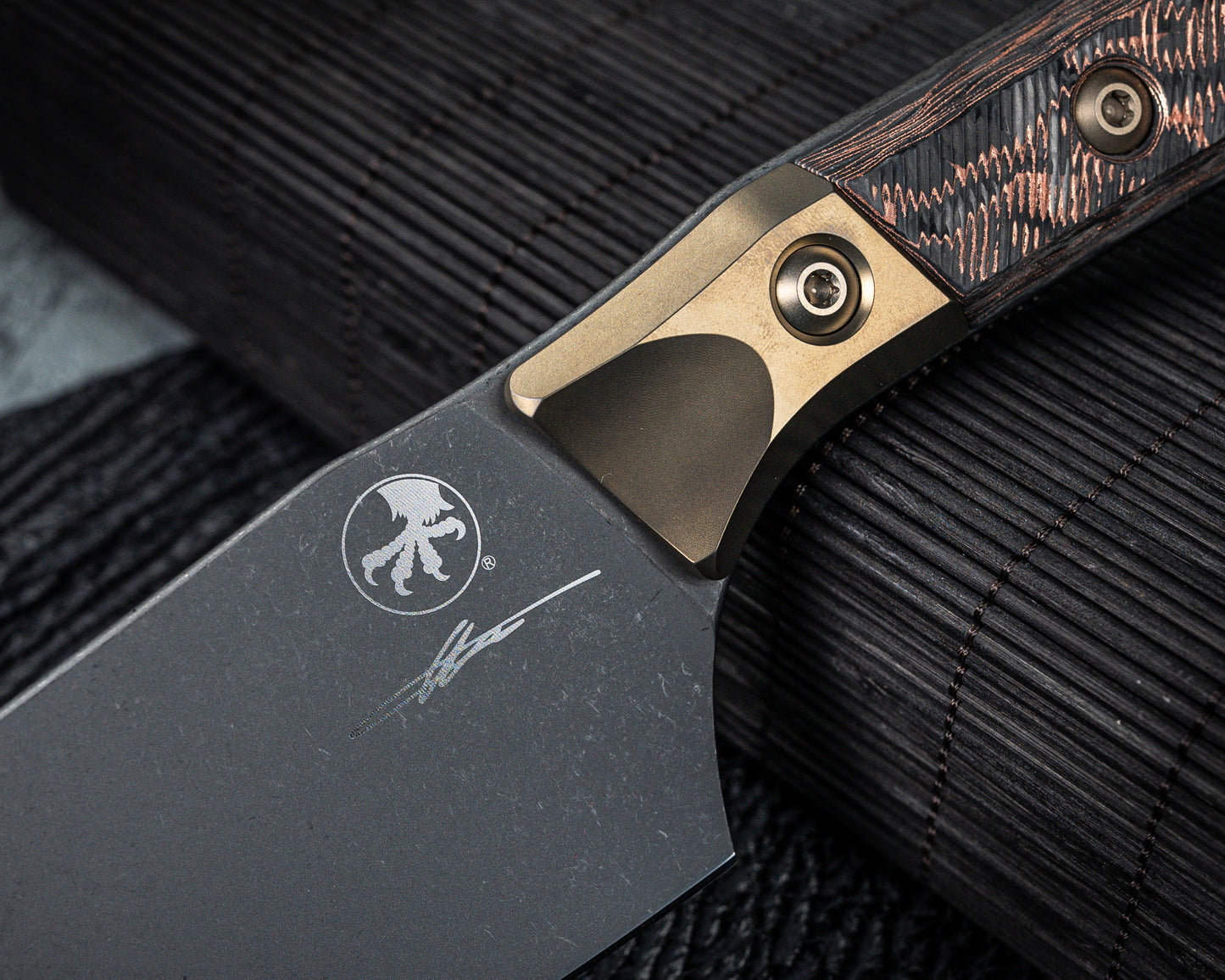 Microtech 6" Santoku Knife DLC Standard Titanium Bolster Live Wire Carbon Fiber Signature Series