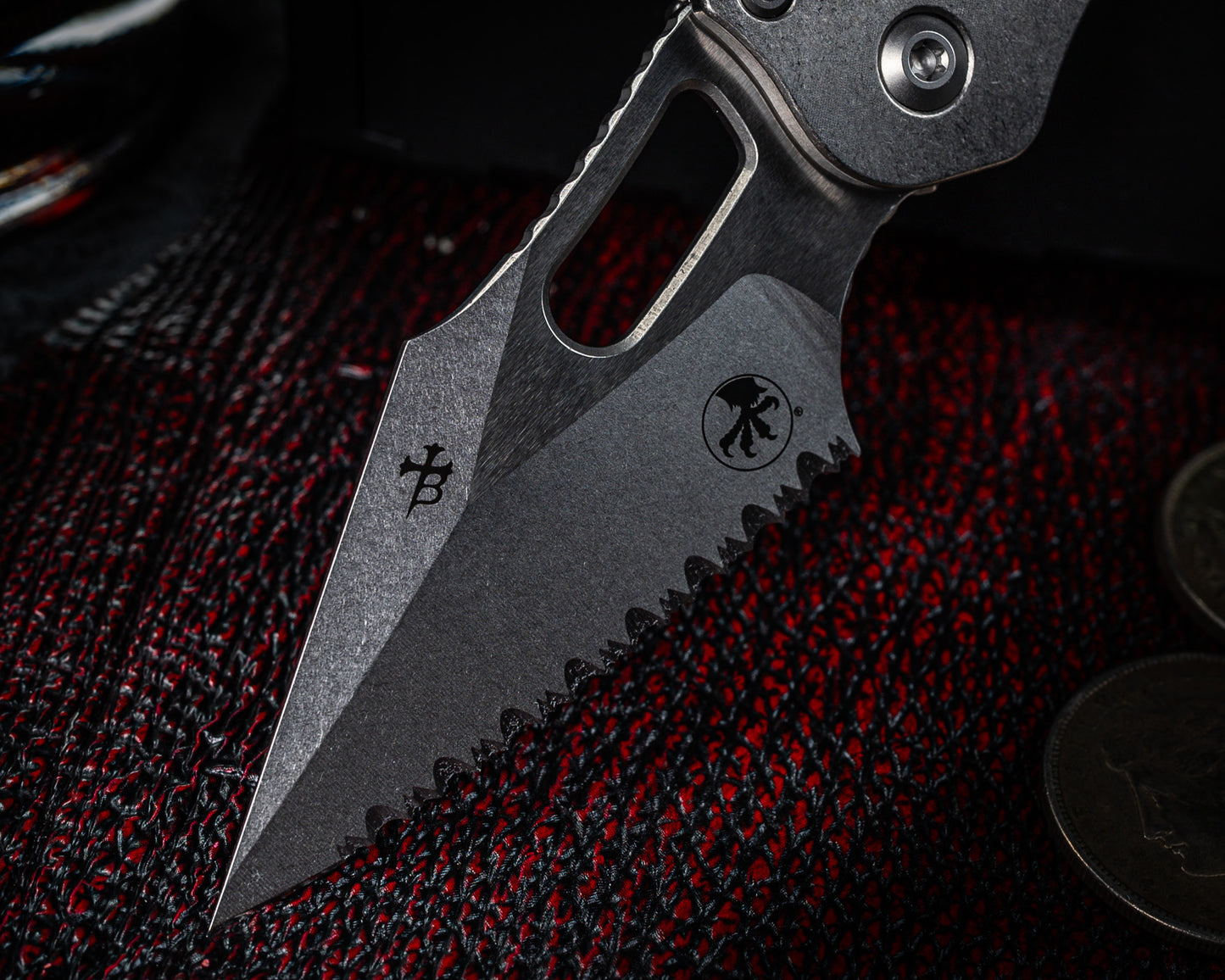 Microtech Marfione Select Stitch Ram-Lok w/ Blue Accent Full Serrated Stonewash Finish Slab Side Titanium