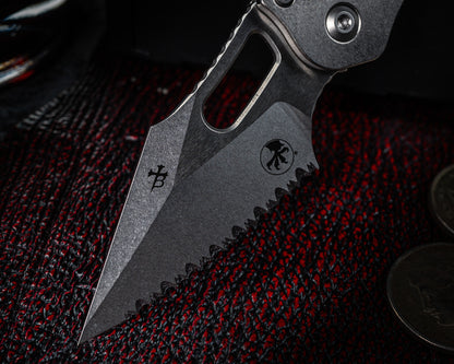 Microtech Marfione Select Stitch Ram-Lok w/ Blue Accent Full Serrated Stonewash Finish Slab Side Titanium