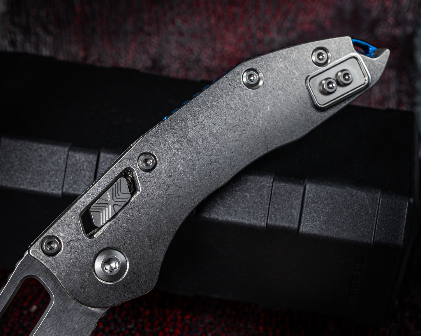 Microtech Marfione Select Stitch Ram-Lok w/ Blue Accent Full Serrated Stonewash Finish Slab Side Titanium