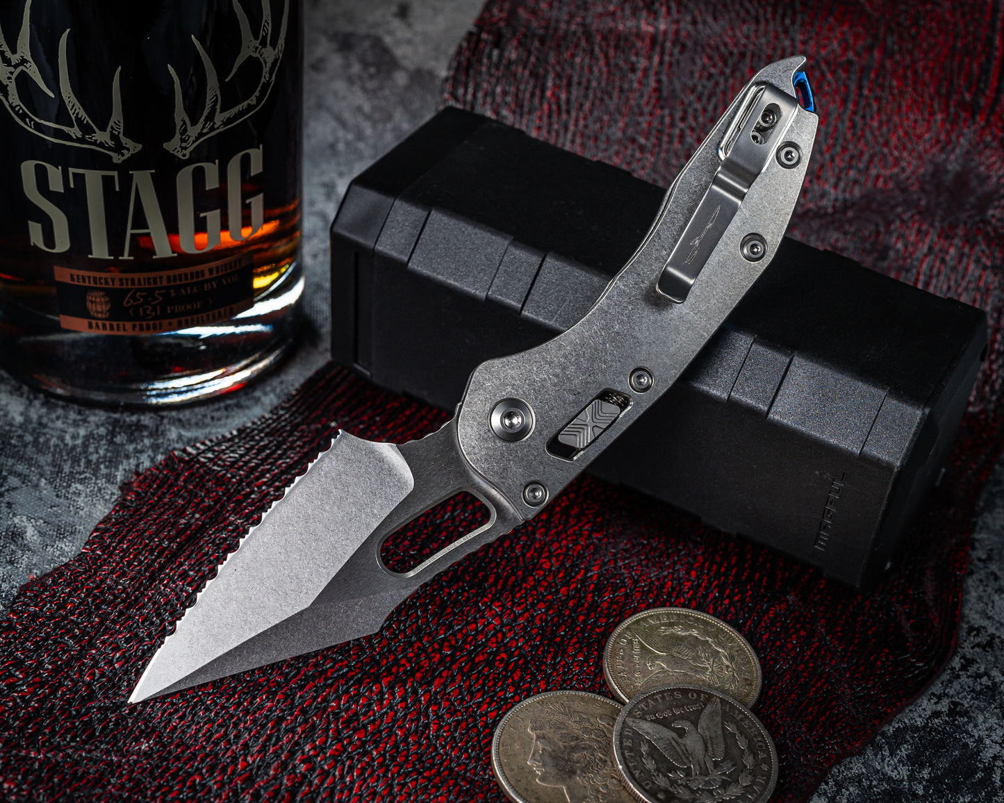 Microtech Marfione Select Stitch Ram-Lok w/ Blue Accent Full Serrated Stonewash Finish Slab Side Titanium