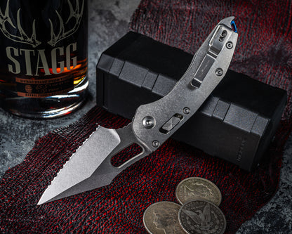 Microtech Marfione Select Stitch Ram-Lok w/ Blue Accent Full Serrated Stonewash Finish Slab Side Titanium
