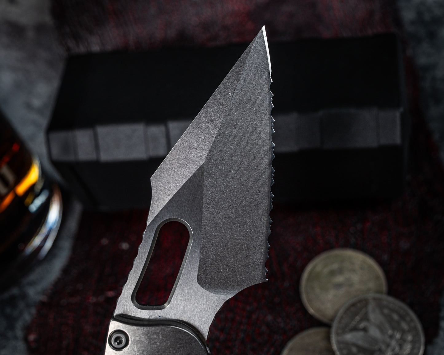 Microtech Marfione Select Stitch Ram-Lok w/ Blue Accent Full Serrated Stonewash Finish Slab Side Titanium