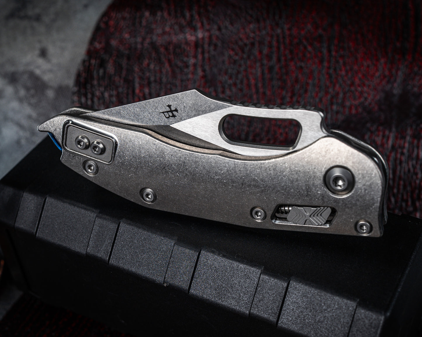 Microtech Marfione Select Stitch Ram-Lok w/ Blue Accent Full Serrated Stonewash Finish Slab Side Titanium