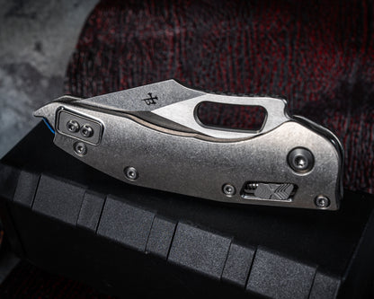 Microtech Marfione Select Stitch Ram-Lok w/ Blue Accent Full Serrated Stonewash Finish Slab Side Titanium