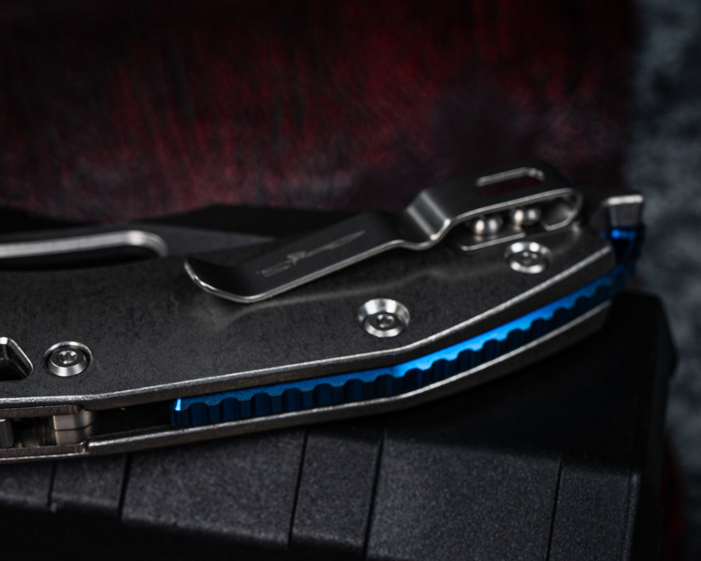 Microtech Marfione Select Stitch Ram-Lok w/ Blue Accent Full Serrated Stonewash Finish Slab Side Titanium