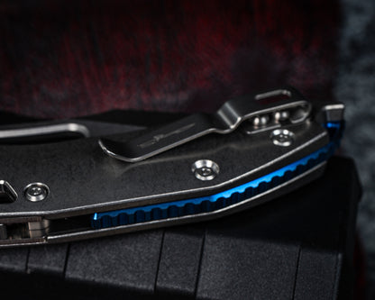 Microtech Marfione Select Stitch Ram-Lok w/ Blue Accent Full Serrated Stonewash Finish Slab Side Titanium