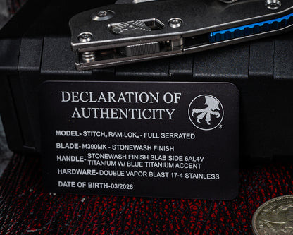 Microtech Marfione Select Stitch Ram-Lok w/ Blue Accent Full Serrated Stonewash Finish Slab Side Titanium