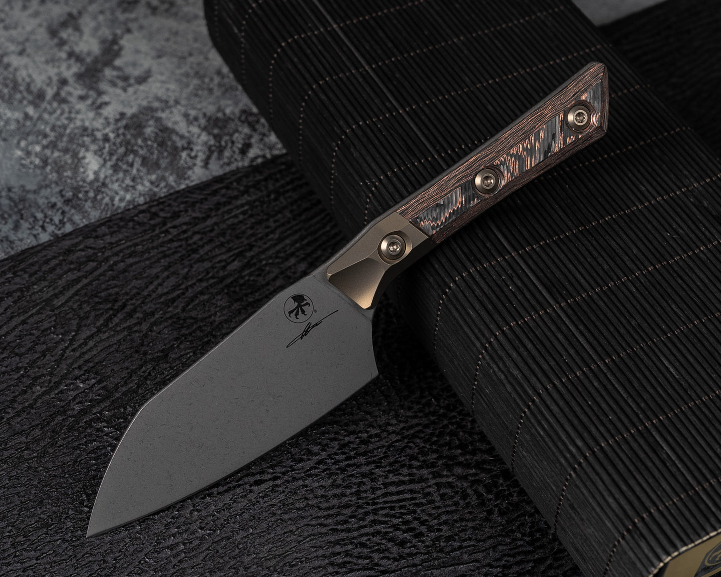 Microtech 4.2" Santoku Knife DLC Standard Titanium Bolster Live Wire Carbon Fiber Signature Series