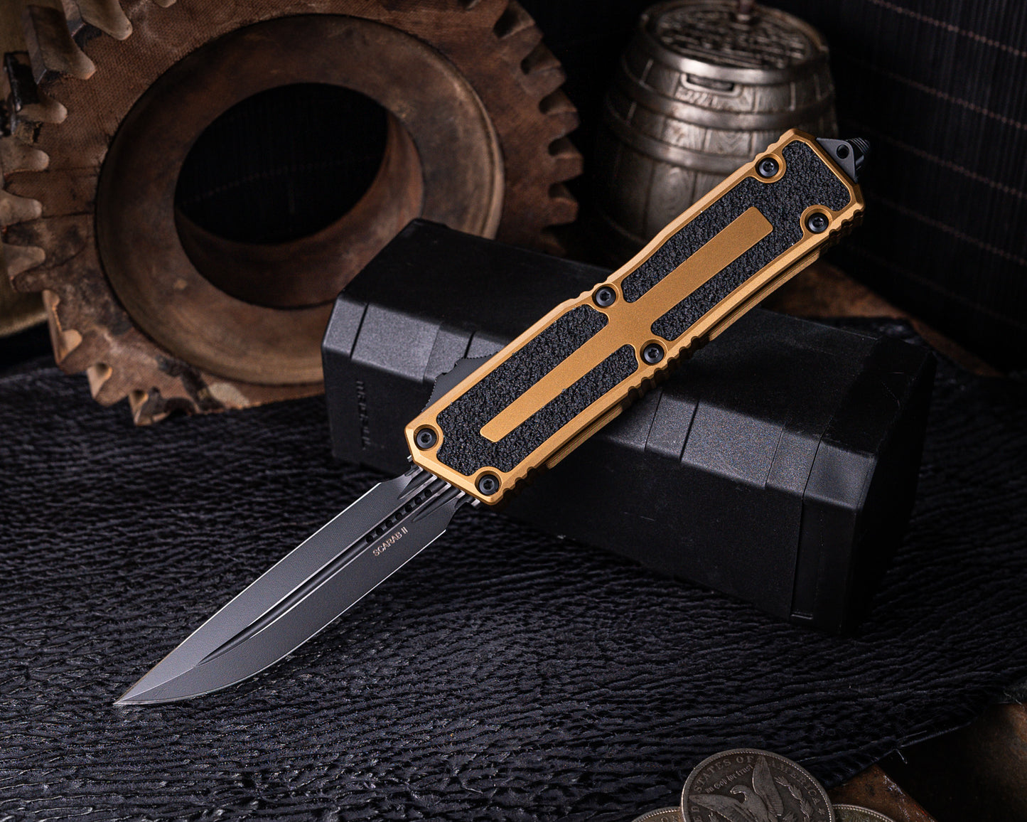 Microtech Scarab II D/E Gen III Double Edge Drop Point Black Standard Tan