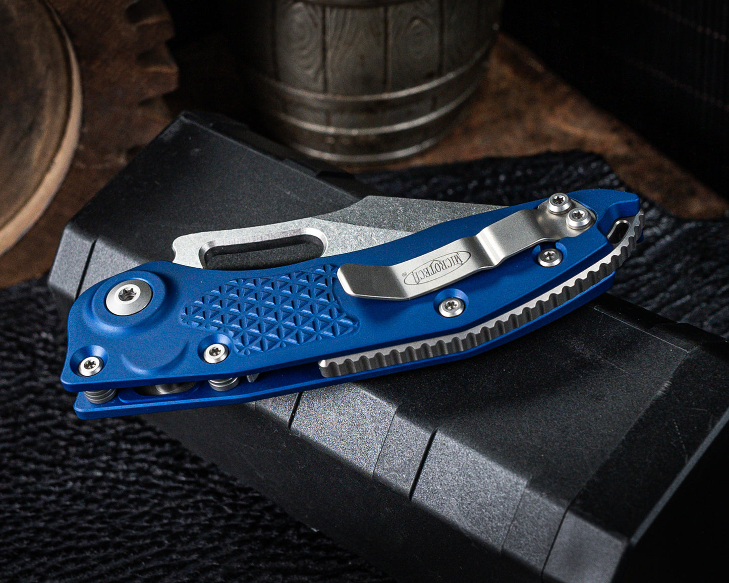 Microtech Stitch Auto Navy Single Edge Stonewash 3.75" Blade