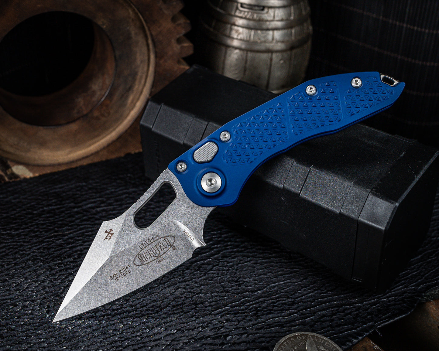 Microtech Stitch Auto Navy Single Edge Stonewash 3.75" Blade